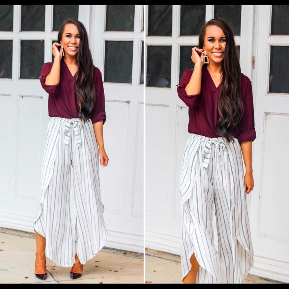 White black striped tie waist paper bag pants